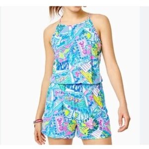 LILLY PULITZER Dayley Pop-Up Romper Wish You Were Here Postcard Print Size Small